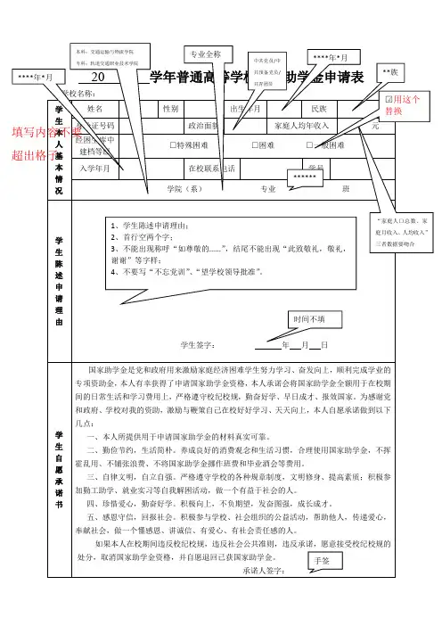 国家助学金申请表(模板)