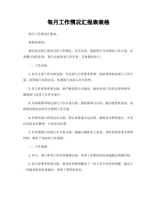 每月工作情况汇报表表格