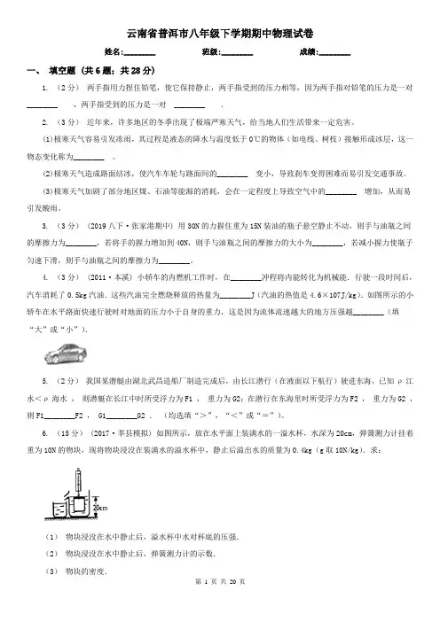 云南省普洱市八年级下学期期中物理试卷