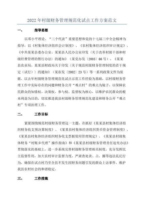 2022年村级财务管理规范化试点工作方案范文