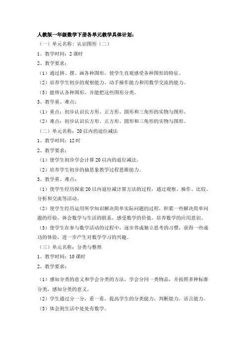 人教版一年级数学下册单元具体教学计划