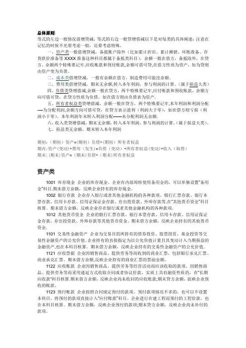最新版会计科目明细表及借贷方向使用说明