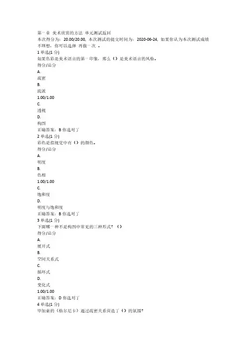 中国大学MOOC美术欣赏（大专选修课）单元测试及考试答案