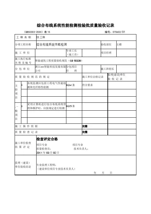 综合布线系统性能检测检验批质量验收记录