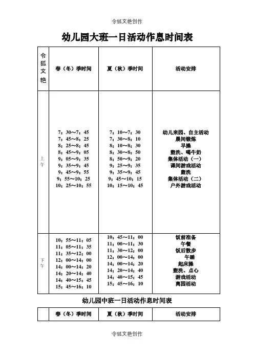 幼儿园各班一日活动作息时间表之令狐文艳创作