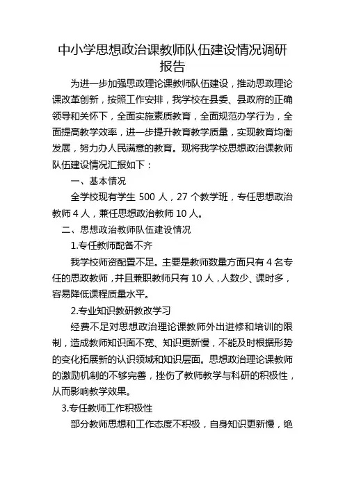 中小学思想政治课教师队伍建设情况调研报告