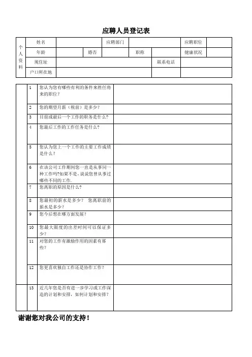 应聘人员登记表(面试专用)