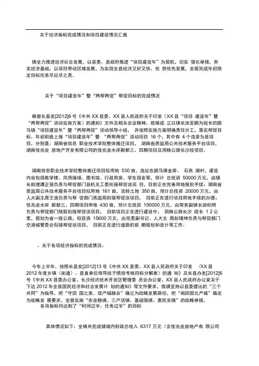 关于经济指标完成情况和项目建设情况汇报