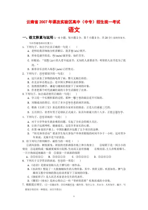 云南省2007年课改实验区中考语文试题