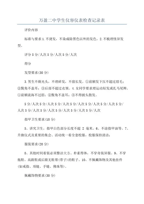 万盈二中学生仪容仪表检查记录表