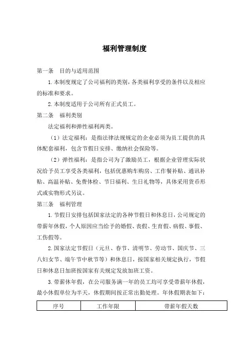 公司企业集团员工假期保险等福利管理制度