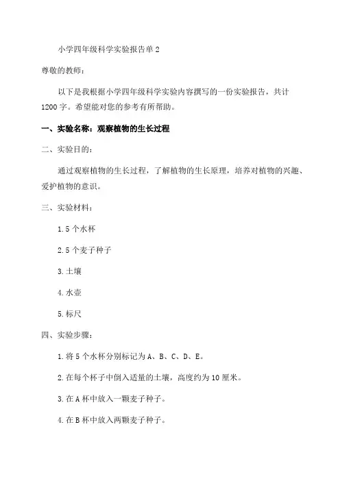 小学四年级科学实验报告单2