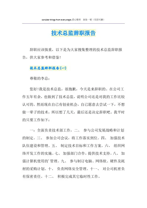 技术总监辞职报告