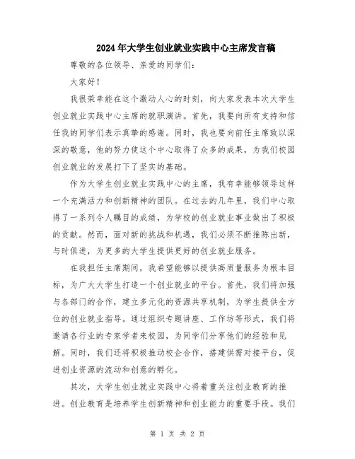 2024年大学生创业就业实践中心主席发言稿