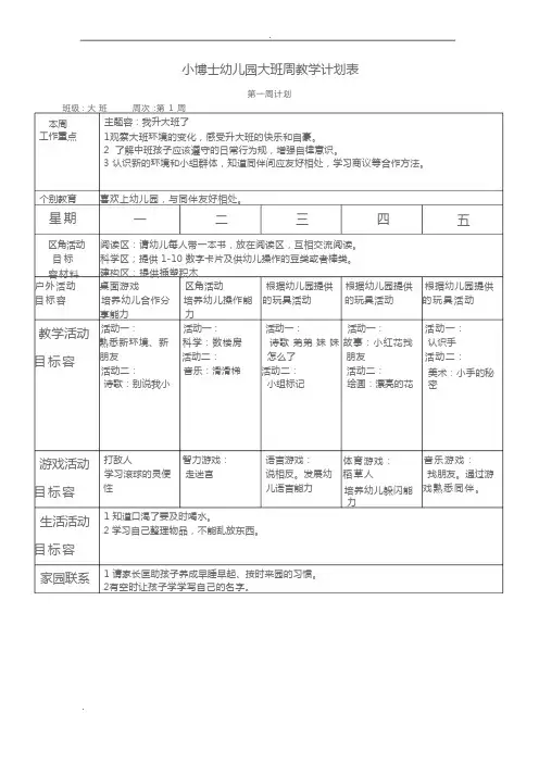 小博士大班幼儿园周工作计划表