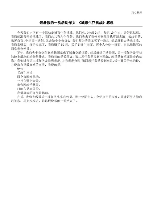 记暑假的一次活动作文 《城市生存挑战》感想