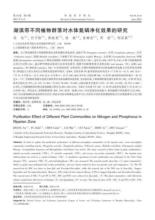 湖滨带不同植物群落对水体氮磷净化效果的研究