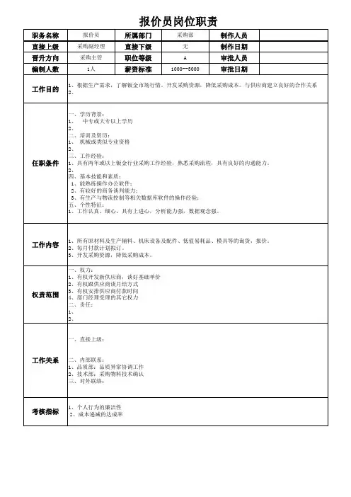 报价员岗位职责