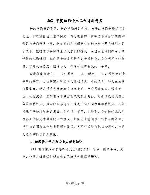 2024年度幼师个人工作计划范文（3篇）