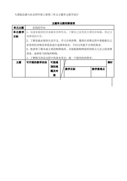 人教版品德与社会四年级上册第三单元主题单元教学设计