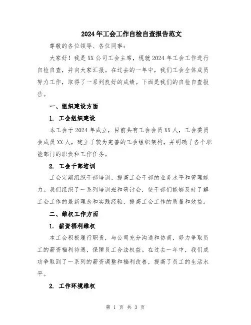 2024年工会工作自检自查报告范文