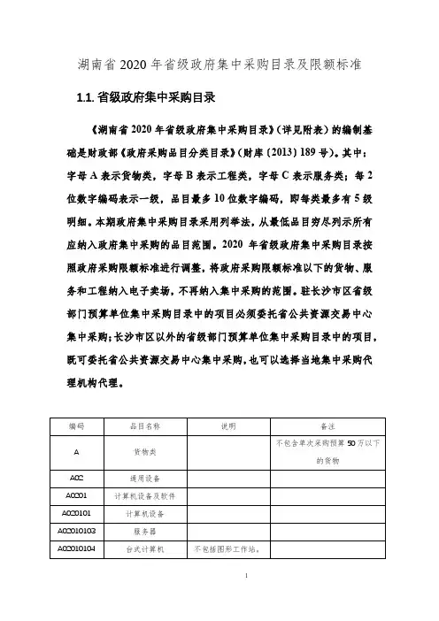 湖南省2020年省级政府集中采购目录及限额标准