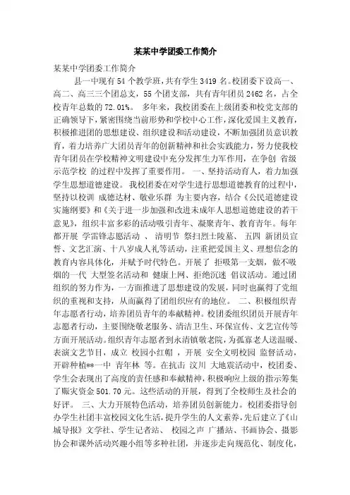 某某中学团委工作简介（精简篇）