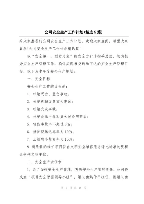 公司安全生产工作计划(精选5篇)