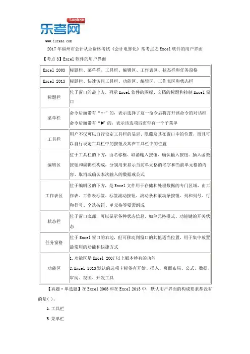 2017年福州市会计从业资格考试《会计电算化》常考点之Excel软件的用户界面