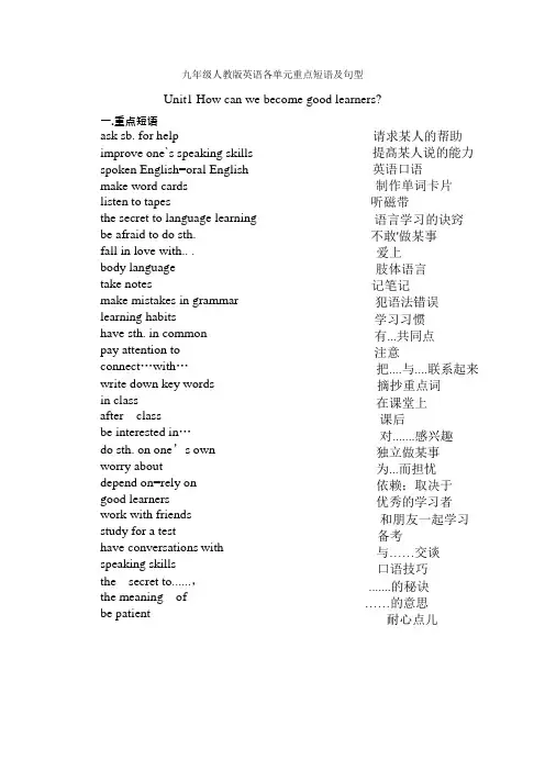 最新九年级人教版英语各单元重点短语及句型(1)