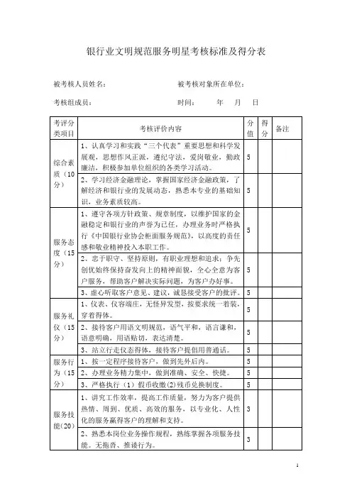银行业文明规范服务明星考核标准及得分表
