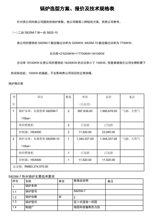 锅炉选型方案、报价及技术规格表