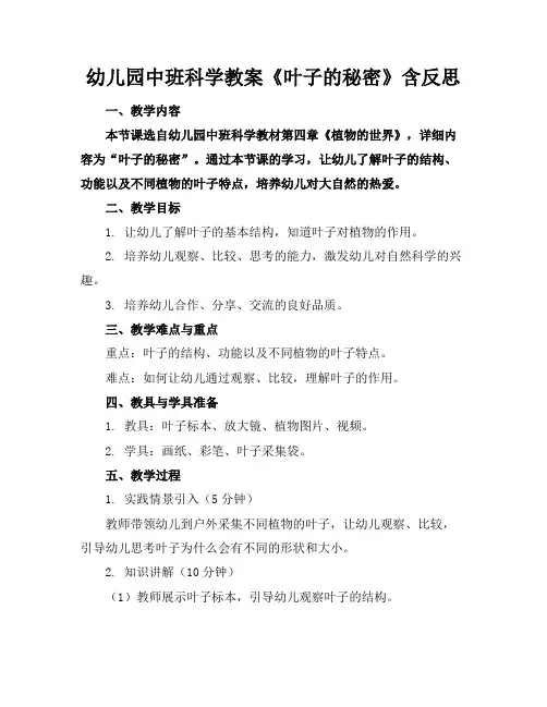 幼儿园中班科学教案《叶子的秘密》含反思