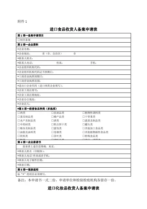 进口食品、化妆品收货人备案申请表