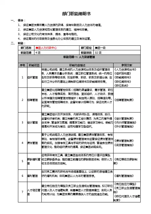 集团人力行政中心职能说明书(范本)