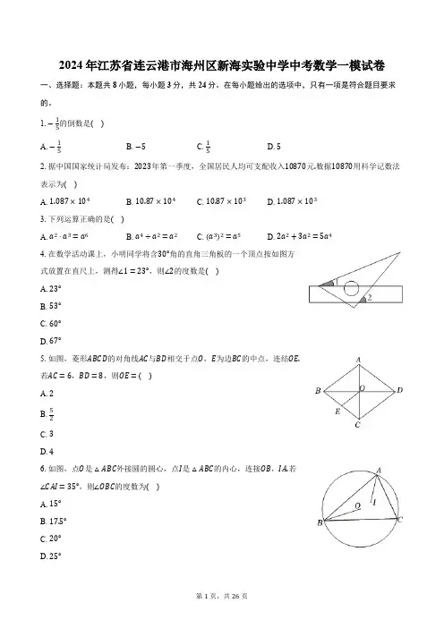 2024年江苏省连云港市海州区新海实验中学中考数学一模试卷(含解析)