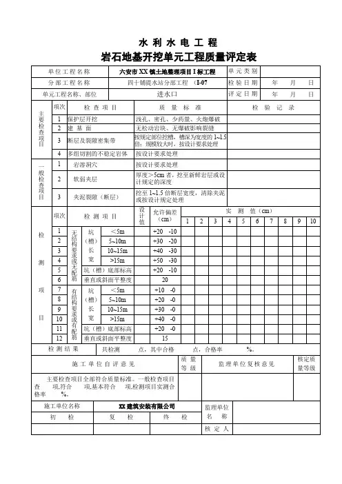 岩石地基开挖单元工程质量评定表
