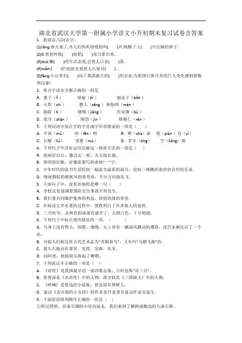 湖北省武汉大学第一附属小学语文小升初期末复习试卷含答案