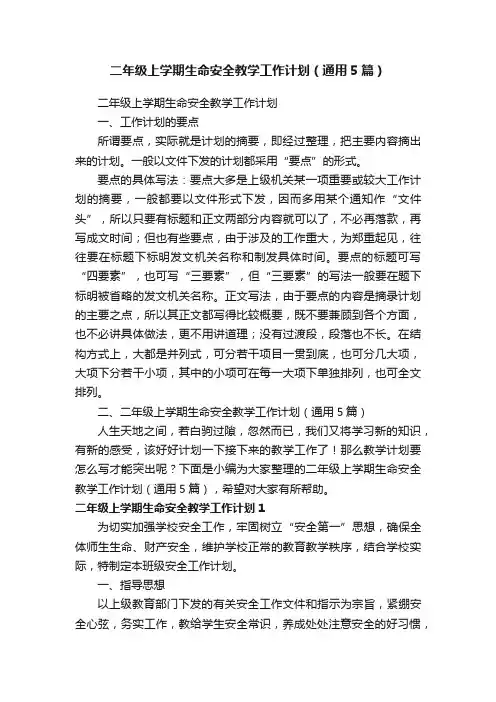 二年级上学期生命安全教学工作计划（通用5篇）