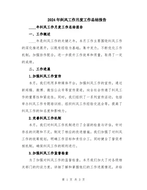 2024年纠风工作月度工作总结报告