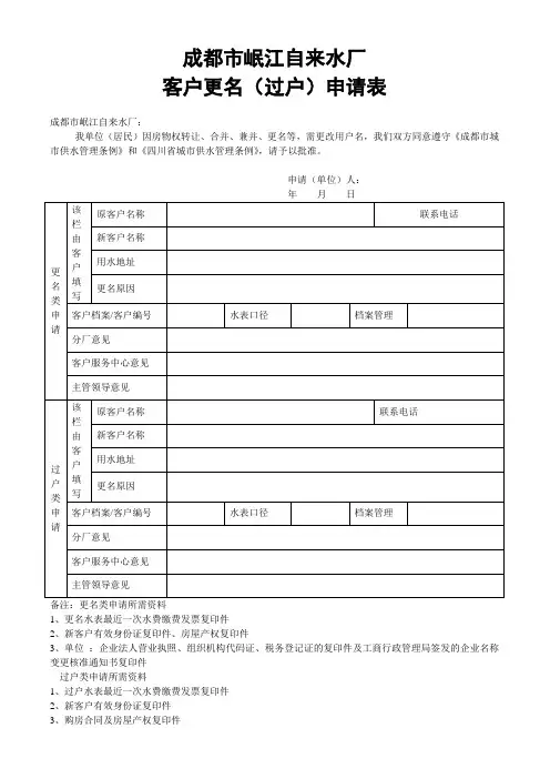 岷江自来水厂更名(过户)申请表(模板)