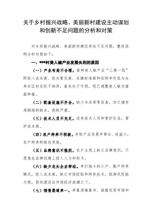 关于乡村振兴战略、美丽新村建设主动谋划和创新不足问题的分析和对策1