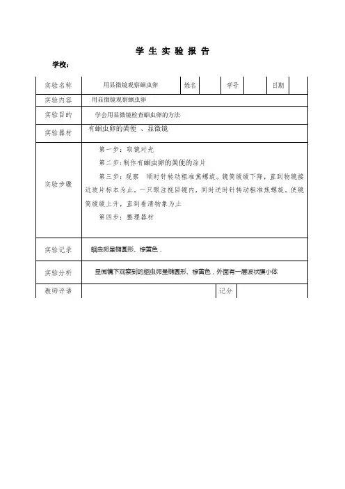 实 验 报 告  观察蛔虫卵