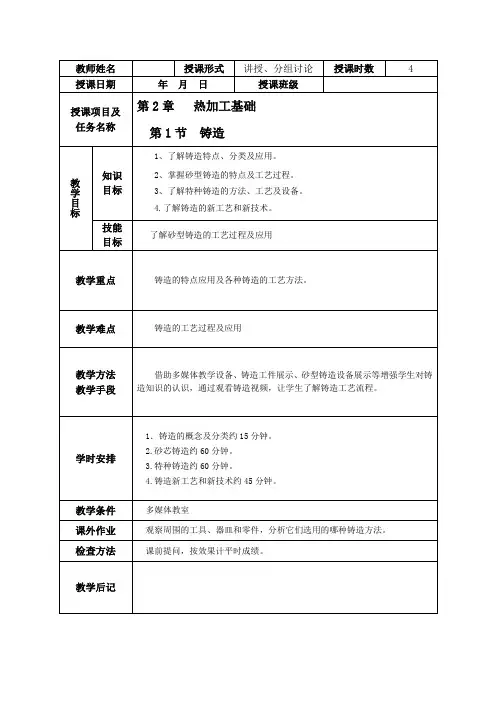 《金属加工与实训》第2章 第1节 铸造