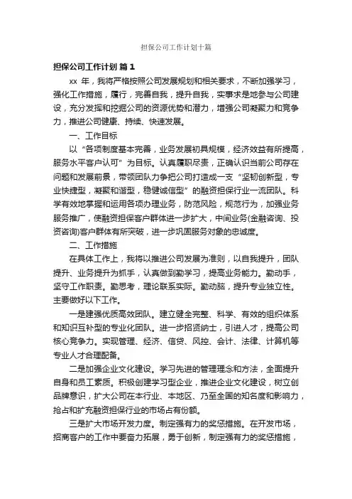 担保公司工作计划十篇