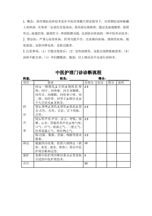 虎符铜砭刮痧技术评分标准+诊断流程+概念+禁忌症+注意事项