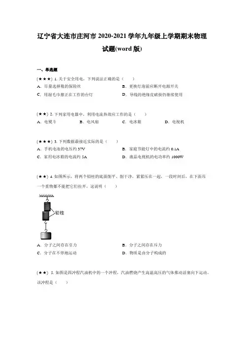 辽宁省大连市庄河市2020-2021学年九年级上学期期末物理试题(word版)