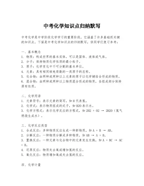 中考化学知识点归纳默写