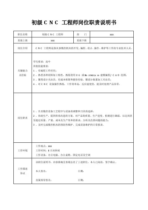 初级CNC工程师岗位职责说明书[精美打印版本]