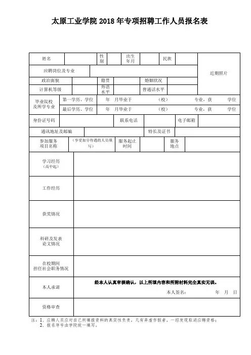 XX学院2018年专项招聘工作人员报名表【模板】